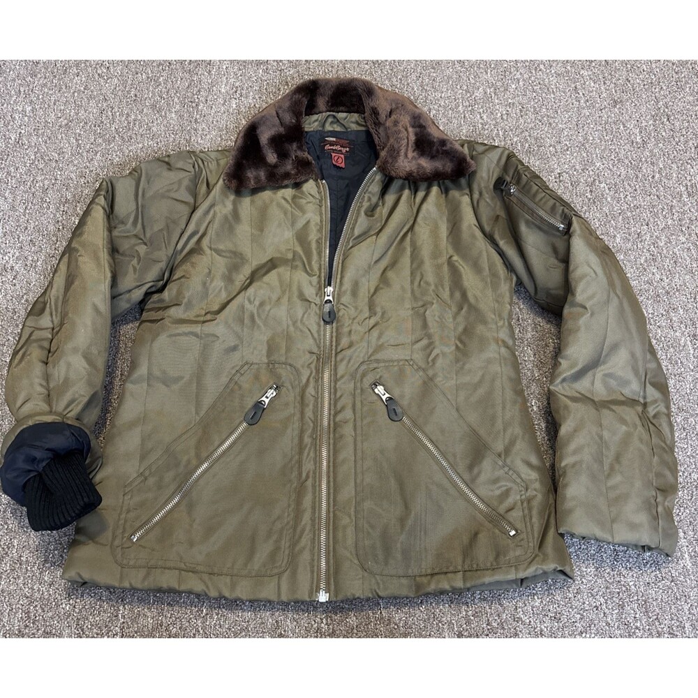 VTG Bomb Boogie Aviator Flight Jacket Zip Brown Green Fur Sz Large Space 2000